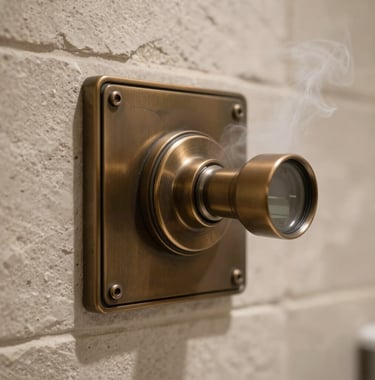 A detailed macro photograph focusing on a sleek bronze-finished steam control panel mounted on a light-textured stone wall, with soft steam swirling in the background of a North American luxury spa.