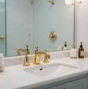 High-end residential bathroom vanity in North America, featuring luxury gold fixtures and a palette of pale blue and white. In the background, a frosted glass steam shower suggests a spa-like retreat within a modern, professional home setting.