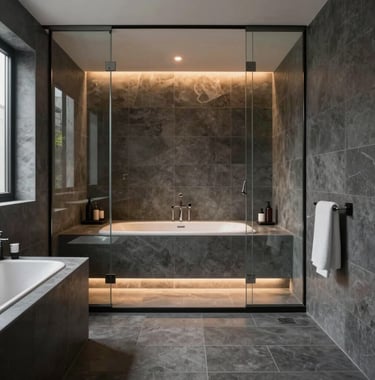 An elegant wide shot of a minimalist home spa sanctuary in a North American setting, featuring charcoal gray tiles, a sleek glass partition, and ambient warm lighting reflecting off polished surfaces.