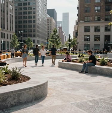 A medium shot of an urban revitalization project in a North American city, showing a modern public space designed for community resilience.