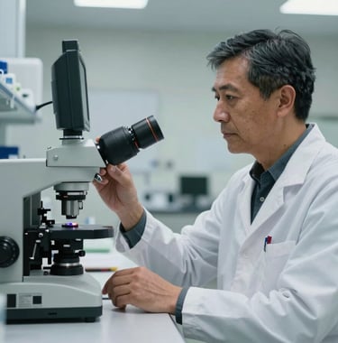 A professional portrait of a North American researcher in a bright, modern laboratory setting, looking focused while working with high-tech equipment.