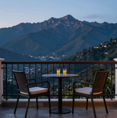 A luxury hotel balcony overlooking a South American mountain range at dusk. Two empty chairs and a table with a glass of juice. Soft, aspirational lighting in navy and light blue hues.