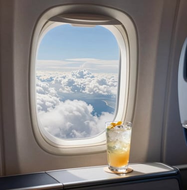 A luxury airplane cabin view through a window showing white clouds over a Brazilian coastline. A refreshing drink sits on the side table. Soft, bright lighting in light blue and off-white tones. High-end travel lifestyle photography.