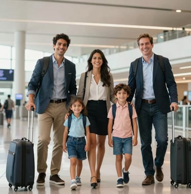 A happy South American family at a luxury airport terminal, smiling and ready for a trip. They are dressed in smart travel clothes. The background is a clean, modern architectural space with off-white and light blue tones.