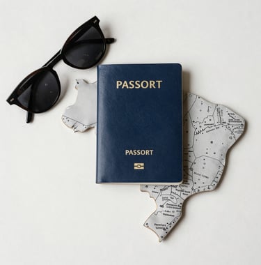 A top-down aesthetic shot of a leather passport holder, sunglasses, and a Brazilian map on a clean off-white surface. Minimalist and organized, conveying ease of travel and planning. Colors include navy blue and light gray.