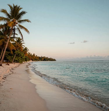 A beautiful sunset shot of a South American beach with calm turquoise waters and palm trees. High-end travel photography style, emphasizing relaxation and the dream of travel. Colors feature soft light blue and warm tones.
