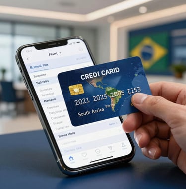 Close-up of a premium credit card being held over a smartphone screen displaying a flight itinerary to a South American destination. The background shows a blurry, modern Brazilian office. Professional, clean lighting with navy blue accents.