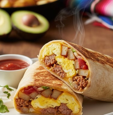 a burrito with eggs and cheese on a plate