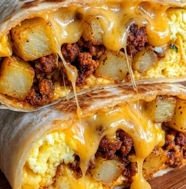 Close-up of a breakfast burrito cut in half with melted cheese, chorizo, potatoes, and scrambled eggs.