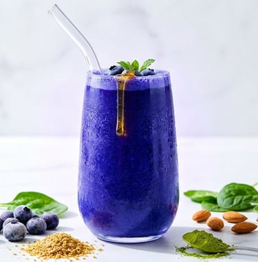 A vibrant blueberry smoothie with honey and mint garnish, surrounded by fresh almonds, spinach, and matcha powder.