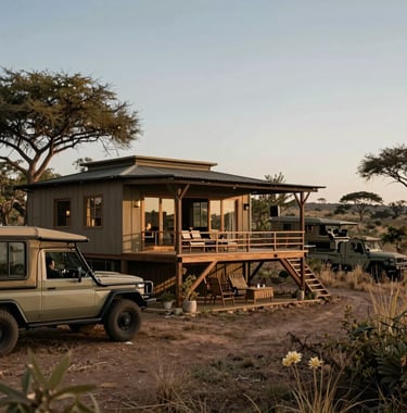 A scenic view of a private safari lodge in a remote, high-end wilderness setting, designed with sustainable luxury in mind. North American / International travel style.