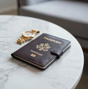 A close-up photograph of high-end travel accessories, including a leather passport holder and gold watch, resting on a marble table in a bright, light grey lounge. North American / International context.