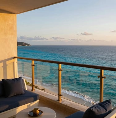 A photograph of a luxury resort balcony overlooking a crystal-clear ocean at sunset, featuring gold-toned architecture and dark blue cushions. North American / International context.