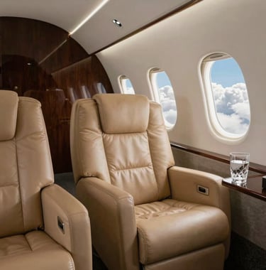 The interior of a sleek, modern private jet cabin with tan leather seats and soft ambient lighting. A crystal glass of water sits on a polished surface near a window showing soft white clouds. Sophisticated and globally aware style.