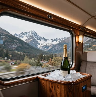 A luxury train cabin interior with mahogany finishings and a bottle of champagne on ice, passing through a stunning mountain range. North American / International sophisticated style.