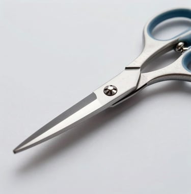 A photograph showing the steel blades of high-quality scissors reflecting a clean studio light. The focus is on the sharp edge and the pivot screw. North American / US photography style, modern and clear.