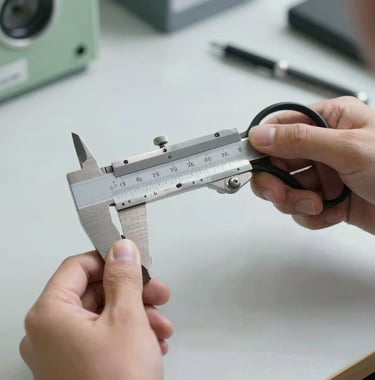A detailed photograph of a professional measuring a pair of vintage scissors with a silver caliper. The hands are steady, and the lighting is crisp and bright. Set in a North American / US office environment with light gray and sage green accents.