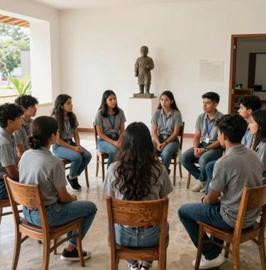 A group of students in a South American cultural center, sitting in a circle of elegant wooden chairs, engaged in a deep discussion about a sculpture. Bright, indirect natural light, palette of warm grey and off-white.