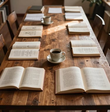 An overhead shot of a long wooden table in a cultural study room. Open art books, sketchpads, and a ceramic coffee cup are neatly arranged. South American morning light, warm brown and taupe colors.