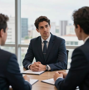 Professional South American male lawyer in a dark navy suit having a meeting with a client in a bright, modern office with Brazilian urban views.