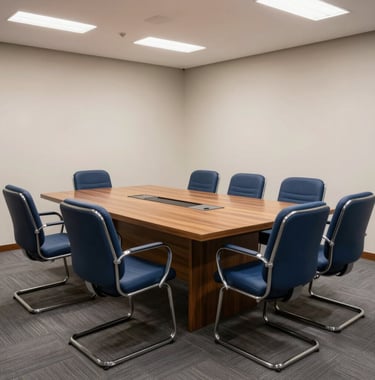 A well-lit conference room in a Brazilian law firm, featuring steel blue chairs and a large wooden table, exuding professional confidence.