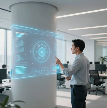 Photography of a modern, bright office space in North America where a professional individual is focused on a large holographic-style interface display. The setting is clean and futuristic with light gray and muted blue accents.