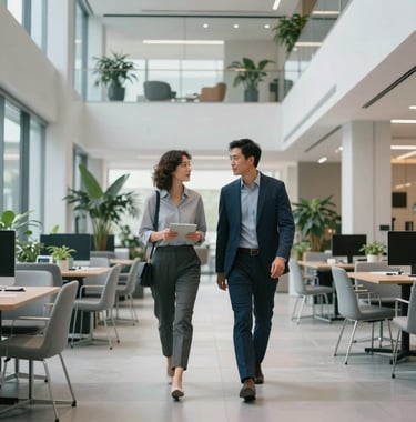 Two colleagues walking through a bright, modern office atrium with indoor plants and minimalist furniture, discussing innovation, light gray and blue accents.