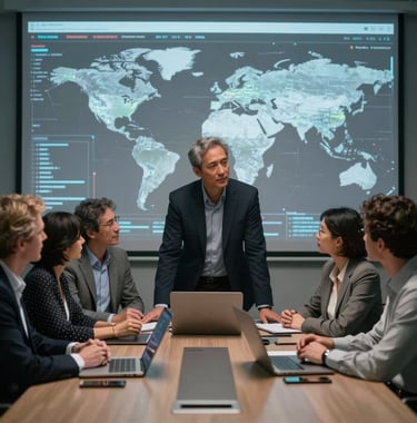 A group of diverse professionals in a high-tech boardroom collaborating over a digital data projection. The style is professional, with a color palette of steel gray and deep black. North American / Global context.