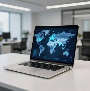Photography of a high-end laptop on a white desk showing a sophisticated AI data map. The background is a blurred, modern office space with clean lines and silver accents. North American / Global environment.