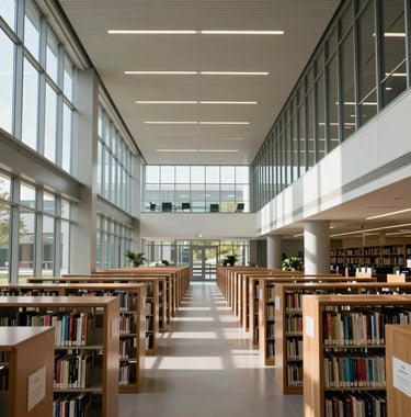 A wide photography shot of a sleek, minimalist university library or modern research hall with steel and glass architecture. Sunlight streams through large windows, creating an empowering and professional atmosphere. North American / Global setting.