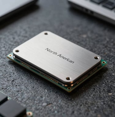 A close-up photograph of a sleek, brushed-metal artificial intelligence hardware module resting on a polished dark stone surface. The lighting is sophisticated and professional, highlighting textures of innovation in a North American tech office.