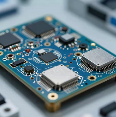 A macro photograph of high-tech hardware components in a clean room environment, blue and silver color tones, representing precision and professional quality.