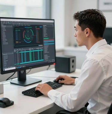 A professional in a crisp white shirt working at a clean, modern workstation with a large monitor displaying complex data, soft natural light, North American setting.