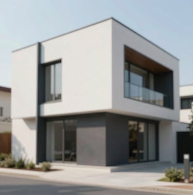 Exterior of a modern villa with geometric white walls (#F8F8F8) and dark metal accents (#2D2D2D). Soft daylight, emphasizing the clean architectural design and luxury appeal.