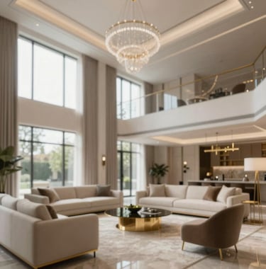 Interior shot of a luxury living room with double-height ceilings and tall windows. Modern furniture in neutral palette with gold accents, highlighting the high-end finishes of HRN projects.