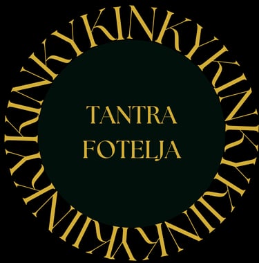Letters KINKY surrounding a purple circle. Title inside the circle Tantra fotelja