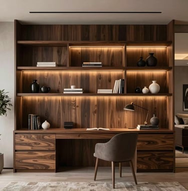 Modern home office with dark wood shelves and minimalist decor in a high-end South American / Brazilian residence, soft warm lighting, refined atmosphere.