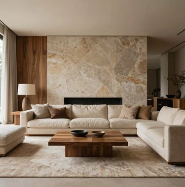 A high-end interior shot of a minimalist living room in a South American / Brazilian luxury residence. Focus on natural textures like wood and stone in Muted Umber and Warm Stone colors. Soft, elegant natural lighting.