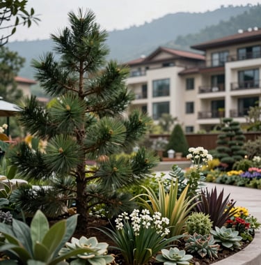 A close-up of local Uttarakhand flora and pine trees in a mountain garden, with a blurred background of a premium residential project, highlighting the connection to nature and sophisticated lifestyle.