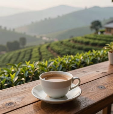 A peaceful balcony view from an AGF property, overlooking a tea garden in the Dehradun valley. A ceramic cup of chai sits on a wooden table. Soft morning lighting with a focus on tranquility and luxury.