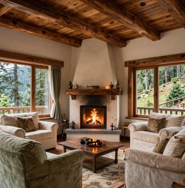Interior of a luxury mountain lodge in Uttarakhand, featuring a warm fireplace, timber beams, and plush furniture in sage and cream tones. Large windows show a serene forest view. South Asian / Indian decor elements.