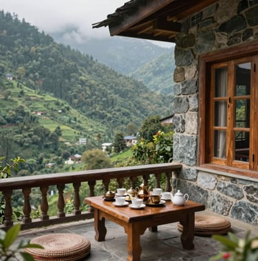 A photography shot of a luxury stone and wood cottage balcony in Uttarakhand, overlooking a lush green valley with traditional South Asian Indian tea service on a low wooden table, soft slate green and mist tones.