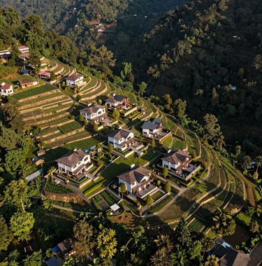 A sweeping aerial view of a small, well-planned luxury estate nestled between terrace farms and a deep forest in Uttarakhand, late afternoon lighting casting long shadows across the sage green landscape.
