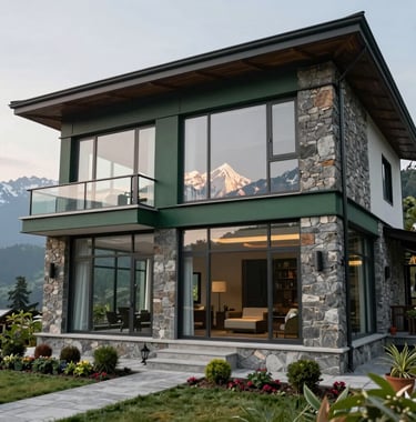 A high-end modern villa exterior in Mussoorie, featuring large glass windows reflecting the Himalayan peaks. The architecture uses natural stone and dark green accents. South Asian / Indian setting with premium landscaping.