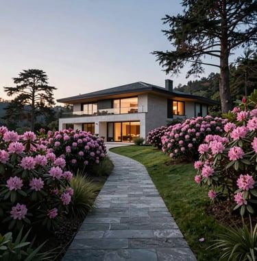 A beautiful stone pathway leading to a modern luxury villa in the hills, surrounded by rhododendron flowers and tall cedar trees, evening twilight.