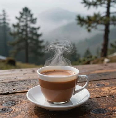 Close-up of a steaming cup of masala chai on a rustic wooden table, with a background of misty Himalayan pine trees, South Asian / Indian mountain lifestyle.