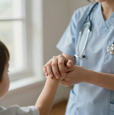 Portrait shot of a pediatric nurse gently holding a child's hand, soft natural window light, focus on the hands, warm muted tones, in a home setting.
