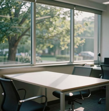 A serene, sunlit North American office interior with large windows looking onto green trees. The focus is on a minimalist white table and a charcoal chair, representing a safe space for organization.