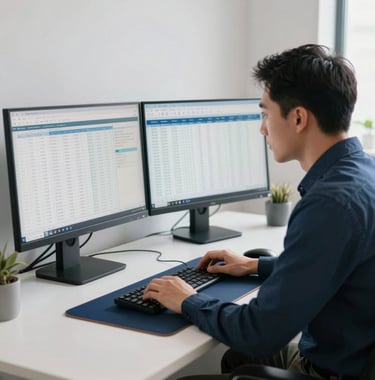 A clean, bright North American workspace showing a professional reviewing data on two large monitors. The desk is uncluttered, featuring a navy blue desk mat and minimalist decor. Professional, serious atmosphere.