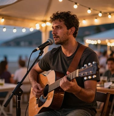 Close-up photography of a guitarist performing live outdoor acoustic music under fairy lights at a beachside venue, warm orange glow, Turkish Riviera / European expat and tourist community evening vibe.